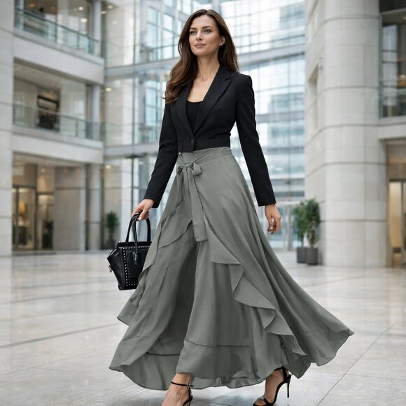 Dresses & Skirts - Waterfall Skirt & Pants Combo High Rise Pants with a Wrap Around Skirt - Gray